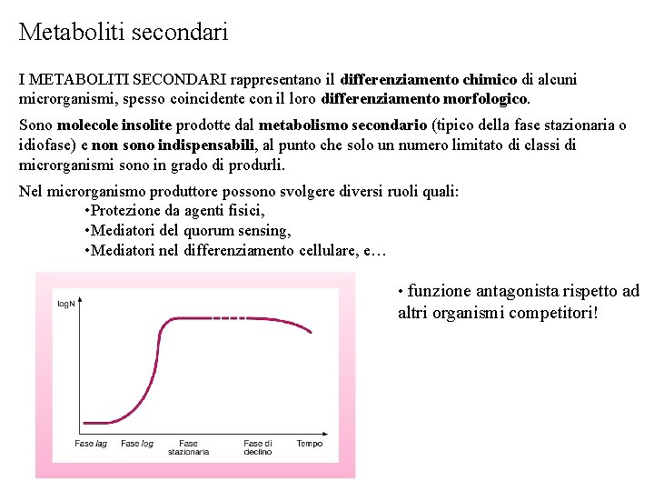 Metaboliti secondari I METABOLITI SECONDARI rappresentano il differenziamento chimico di alcuni microrganismi, spesso coincidente