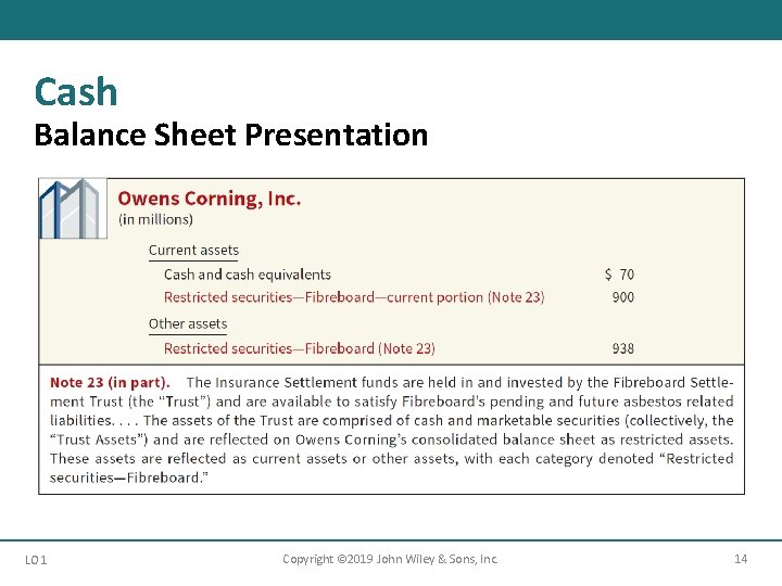 Cash Balance Sheet Presentation LO 1 Copyright © 2019 John Wiley & Sons, Inc.