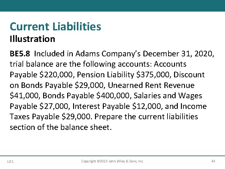 Current Liabilities Illustration BE 5. 8 Included in Adams Company’s December 31, 2020, trial