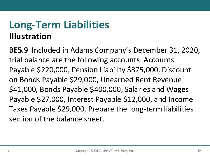 Long-Term Liabilities Illustration BE 5. 9 Included in Adams Company’s December 31, 2020, trial