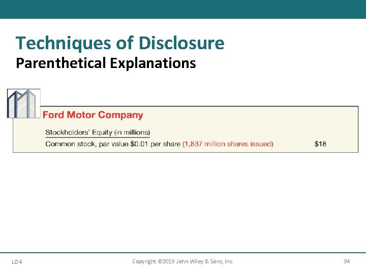 Techniques of Disclosure Parenthetical Explanations LO 4 Copyright © 2019 John Wiley & Sons,