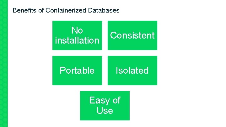 Benefits of Containerized Databases No installation Consistent Portable Isolated Easy of Use 