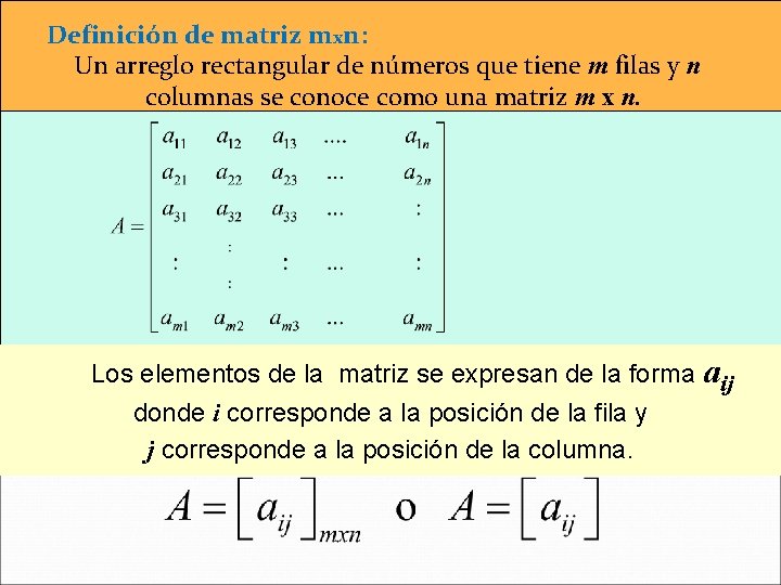 Definición de matriz mxn: Un arreglo rectangular de números que tiene m filas y