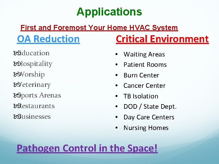 Applications First and Foremost Your Home HVAC System OA Reduction Education Hospitality Worship Veterinary