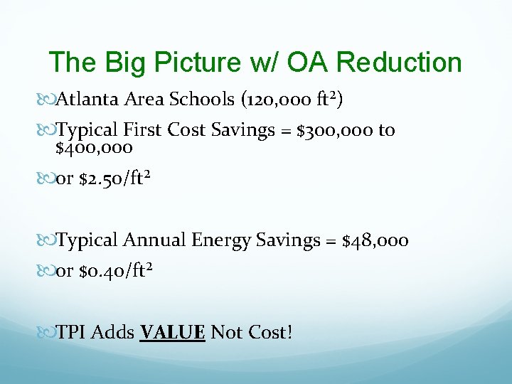 The Big Picture w/ OA Reduction Atlanta Area Schools (120, 000 ft²) Typical First