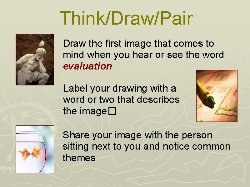 Think/Draw/Pair Draw the first image that comes to mind when you hear or see