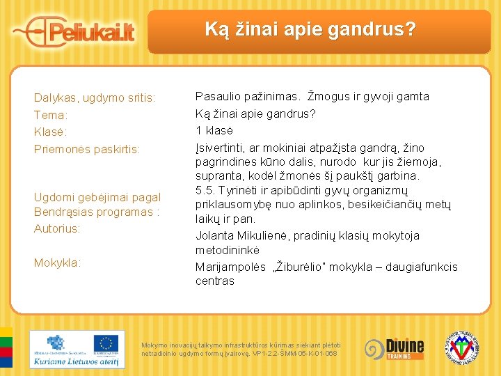 Ką žinai apie gandrus? Dalykas, ugdymo sritis: Tema: Klasė: Priemonės paskirtis: Ugdomi gebėjimai pagal