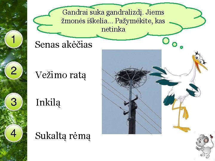 Gandrai suka gandralizdį. Jiems žmonės iškelia. . . Pažymėkite, kas netinka Senas akėčias Vežimo