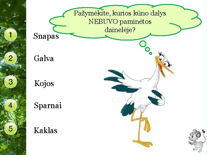 Snapas Pažymėkite, kurios kūno dalys NEBUVO paminėtos dainelėje? Galva Kojos Sparnai Kaklas Free Powerpoint