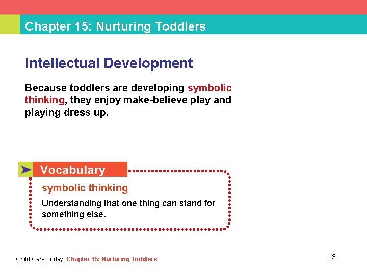 Chapter 15: Nurturing Toddlers Intellectual Development Because toddlers are developing symbolic thinking, they enjoy