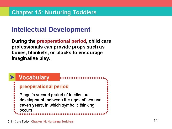Chapter 15: Nurturing Toddlers Intellectual Development During the preoperational period, child care professionals can