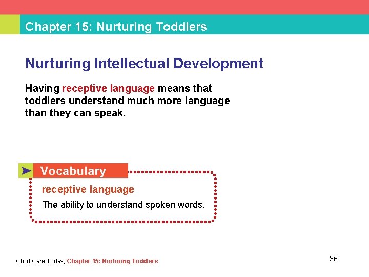 Chapter 15: Nurturing Toddlers Nurturing Intellectual Development Having receptive language means that toddlers understand