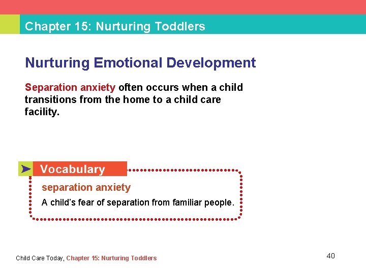 Chapter 15: Nurturing Toddlers Nurturing Emotional Development Separation anxiety often occurs when a child