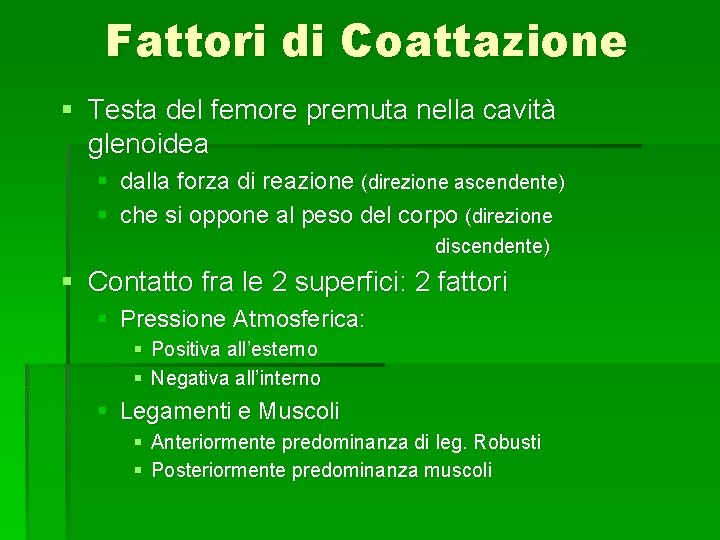 Fattori di Coattazione § Testa del femore premuta nella cavità glenoidea § dalla forza