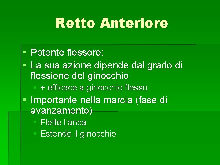 Retto Anteriore § Potente flessore: § La sua azione dipende dal grado di flessione