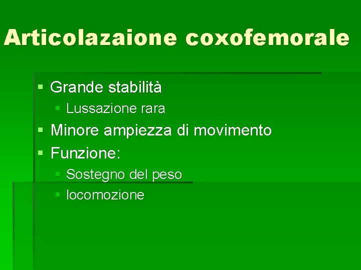 Articolazaione coxofemorale § Grande stabilità § Lussazione rara § Minore ampiezza di movimento §