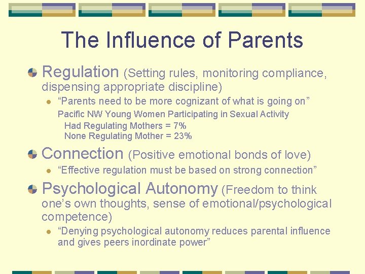 The Influence of Parents Regulation (Setting rules, monitoring compliance, dispensing appropriate discipline) l “Parents