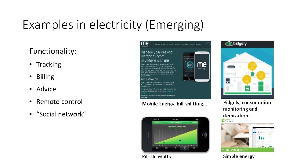 Examples in electricity (Emerging) Functionality: • Tracking • Billing • Advice • Remote control