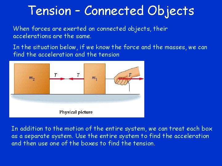Tension – Connected Objects When forces are exerted on connected objects, their accelerations are Tension – Connected Objects When forces are exerted on connected objects, their accelerations are