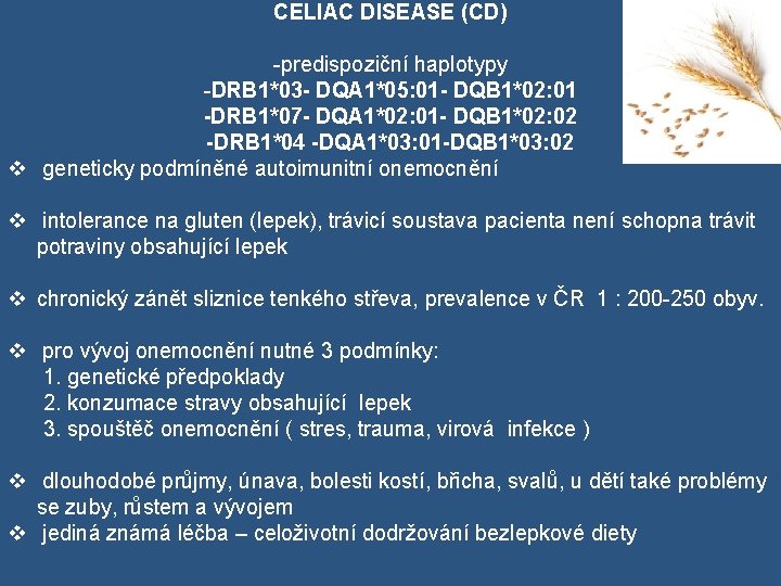 CELIAC DISEASE (CD) -predispoziční haplotypy -DRB 1*03 - DQA 1*05: 01 - DQB 1*02: