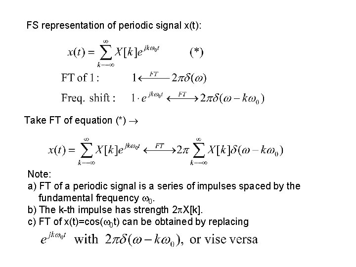 FS representation of periodic signal x(t): Take FT of equation (*) Note: a) FT