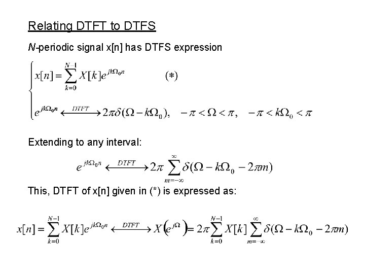 Relating DTFT to DTFS N-periodic signal x[n] has DTFS expression Extending to any interval:
