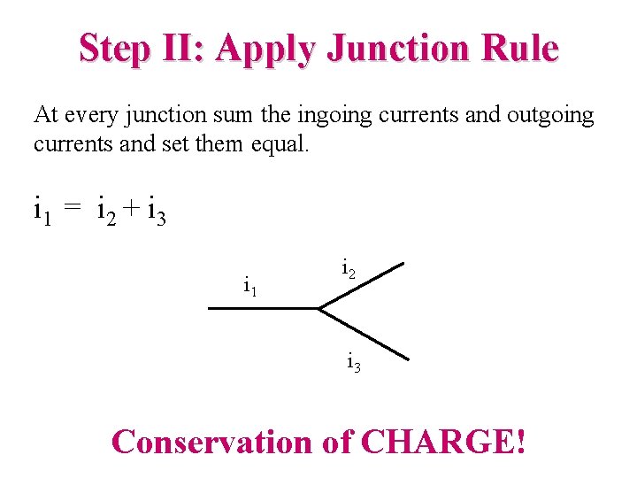 Step II: Apply Junction Rule At every junction sum the ingoing currents and outgoing