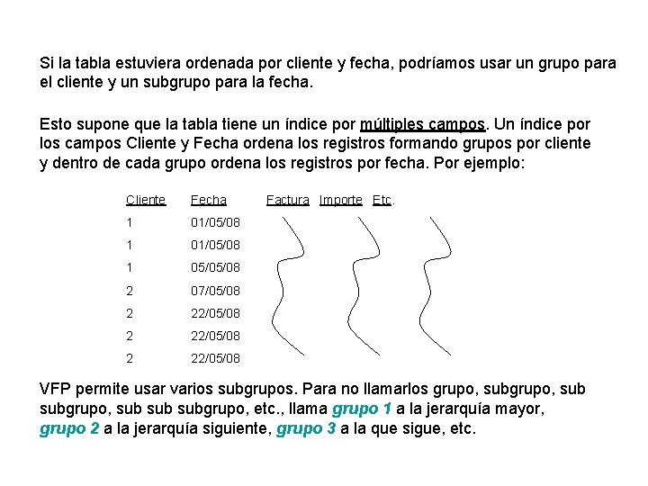 Si la tabla estuviera ordenada por cliente y fecha, podríamos usar un grupo para