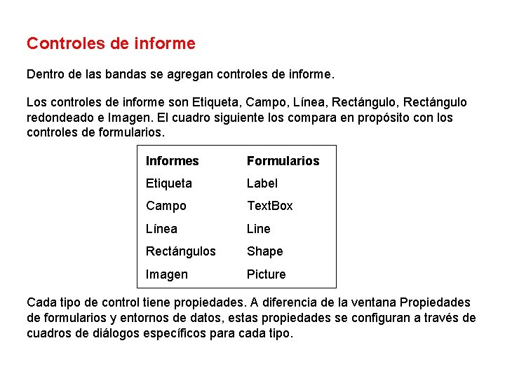 Controles de informe Dentro de las bandas se agregan controles de informe. Los controles