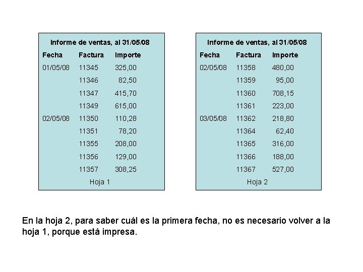 Informe de ventas, al 31/05/08 Fecha Factura Importe 01/05/08 11345 325, 00 02/05/08 11358