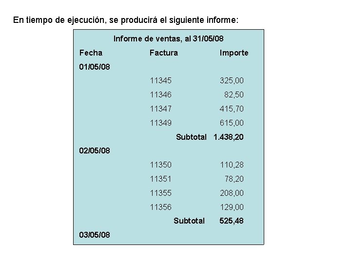 En tiempo de ejecución, se producirá el siguiente informe: Informe de ventas, al 31/05/08