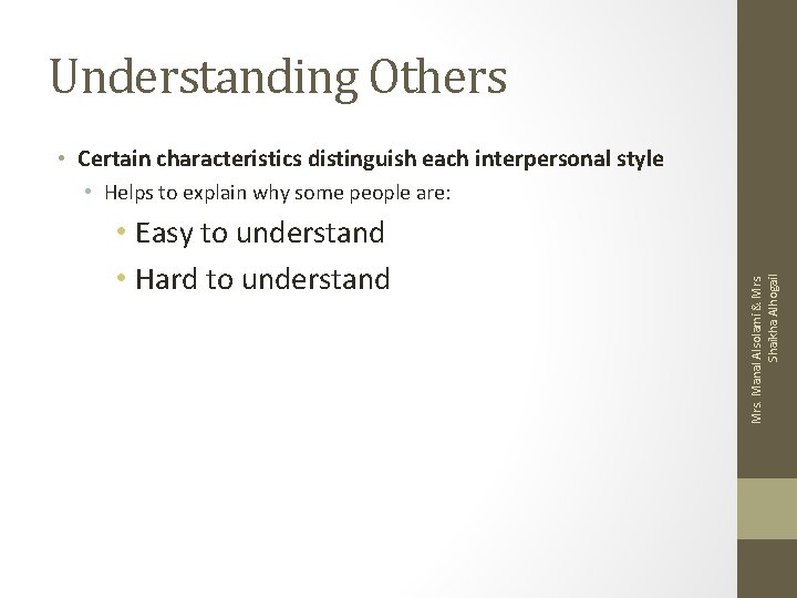 Understanding Others • Certain characteristics distinguish each interpersonal style • Easy to understand •