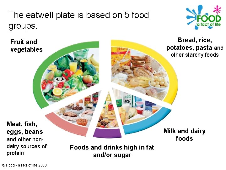 The eatwell plate is based on 5 food groups. Bread, rice, potatoes, pasta and