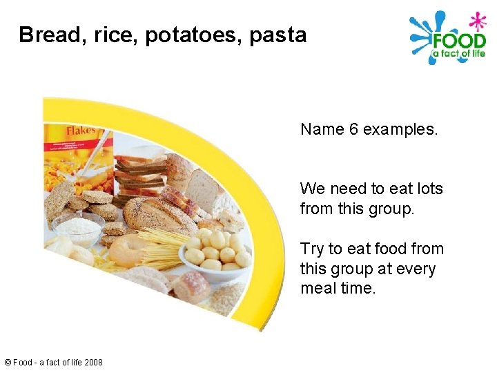 Bread, rice, potatoes, pasta Name 6 examples. We need to eat lots from this