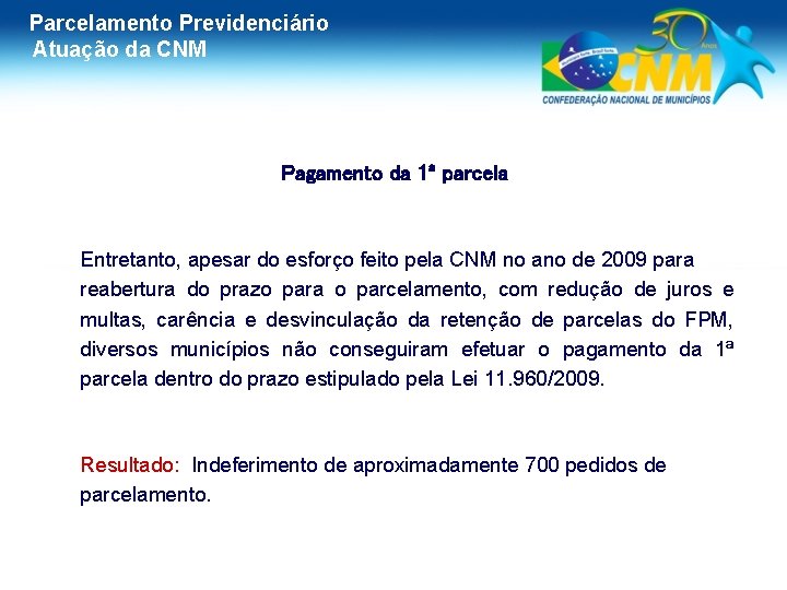 Parcelamento Previdenciário Atuação da CNM Pagamento da 1ª parcela Entretanto, apesar do esforço feito