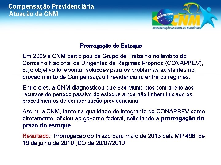 Compensação Previdenciária Atuação da CNM Prorrogação do Estoque Em 2009 a CNM participou de