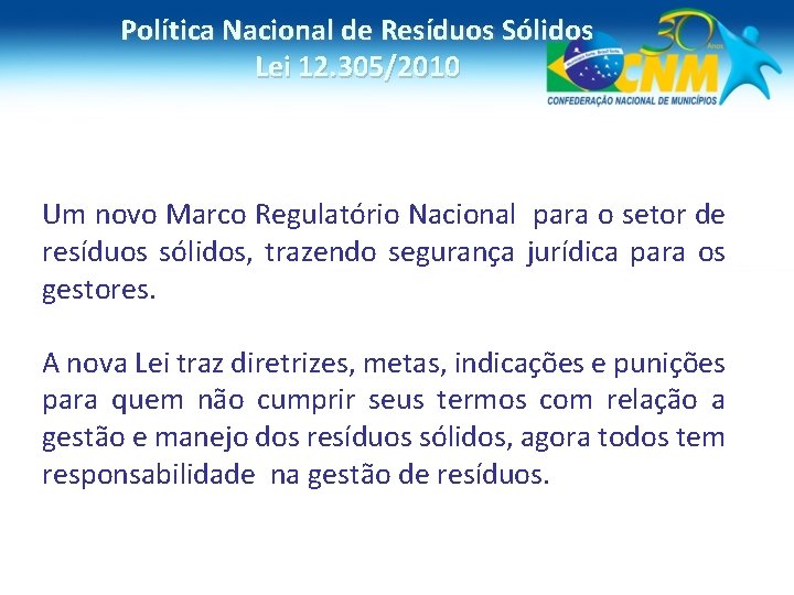 Política Nacional de Resíduos Sólidos Lei 12. 305/2010 Um novo Marco Regulatório Nacional para