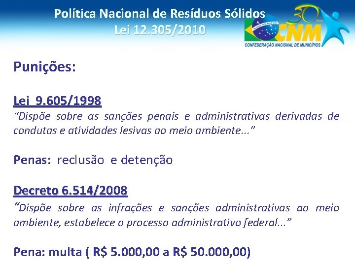 Política Nacional de Resíduos Sólidos Lei 12. 305/2010 Punições: Lei 9. 605/1998 “Dispõe sobre