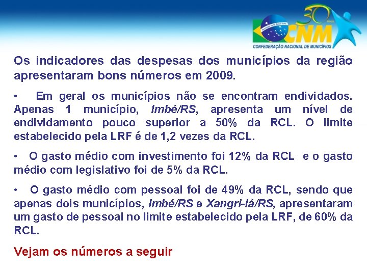 Os indicadores das despesas dos municípios da região apresentaram bons números em 2009. •