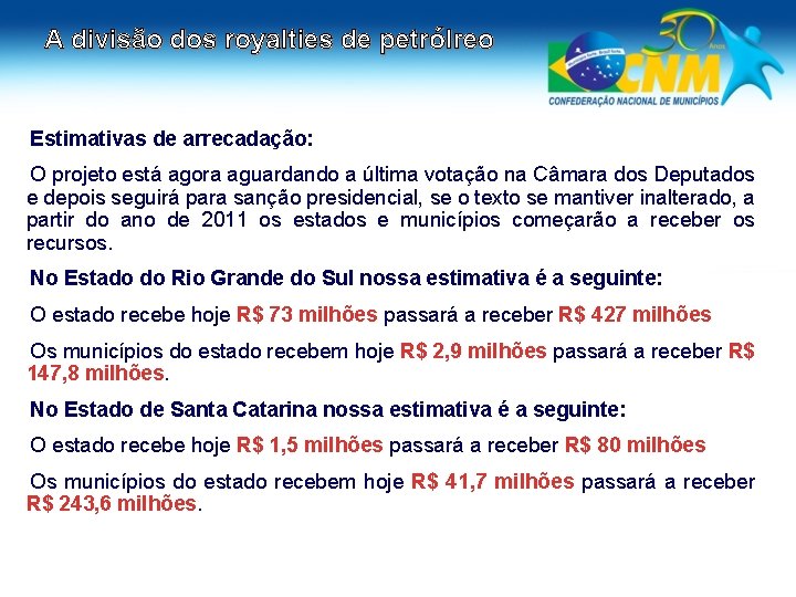 A divisão dos royalties de petrólreo Estimativas de arrecadação: O projeto está agora aguardando