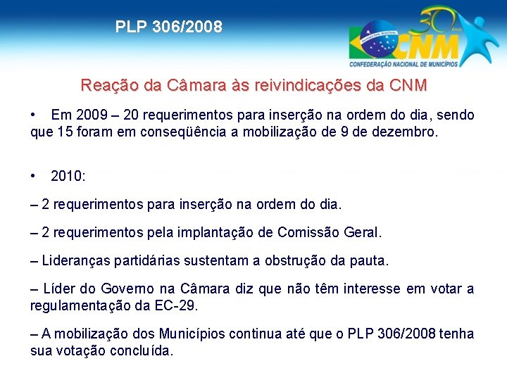 PLP 306/2008 Reação da Câmara às reivindicações da CNM • Em 2009 – 20