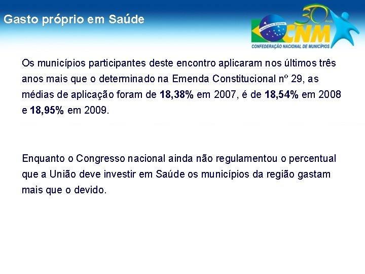 Gasto próprio em Saúde Os municípios participantes deste encontro aplicaram nos últimos três anos