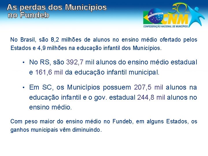 As perdas dos Municípios no Fundeb No Brasil, são 8, 2 milhões de alunos