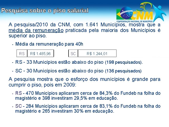 Pesquisa sobre o piso salarial A pesquisa/2010 da CNM, com 1. 641 Municípios, mostra