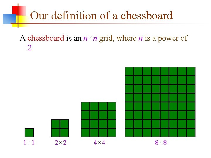 Our definition of a chessboard A chessboard is an n×n grid, where n is