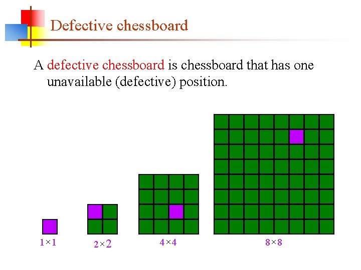 Defective chessboard A defective chessboard is chessboard that has one unavailable (defective) position. 1×