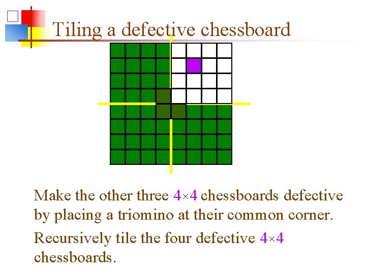 Tiling a defective chessboard Make the other three 4× 4 chessboards defective by placing