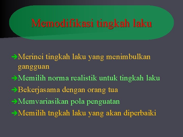 Memodifikasi tingkah laku Merinci tingkah laku yang menimbulkan gangguan Memilih norma realistik untuk tingkah