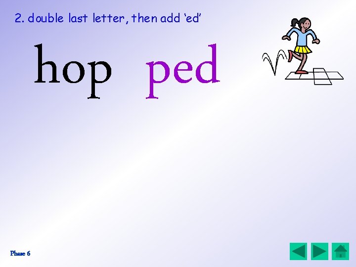 2. double last letter, then add ‘ed’ hop ped Phase 6 