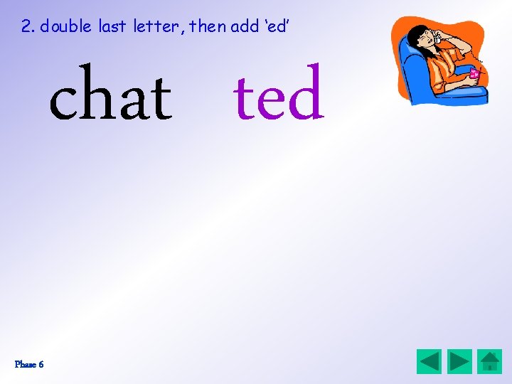 2. double last letter, then add ‘ed’ chat ted Phase 6 